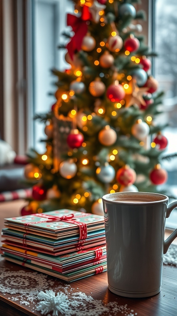 A festive setup with Christmas cards, a cup of cocoa, and a decorated tree.